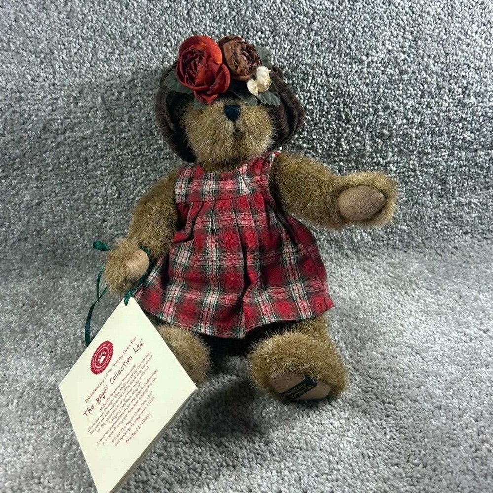 Boyds Collection Plush Bear Brown Plaid Dress Hat Lizzie Wishkabibble 10"